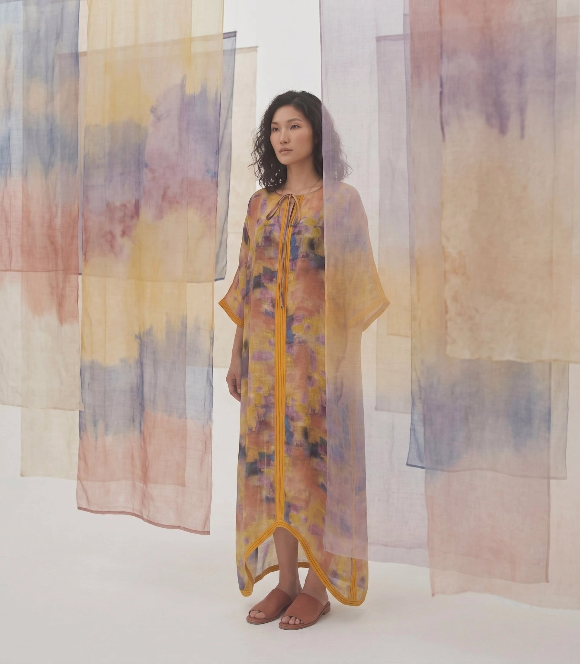 Đầm maxi kaftan vai gai xanh ramie thời trang Hity