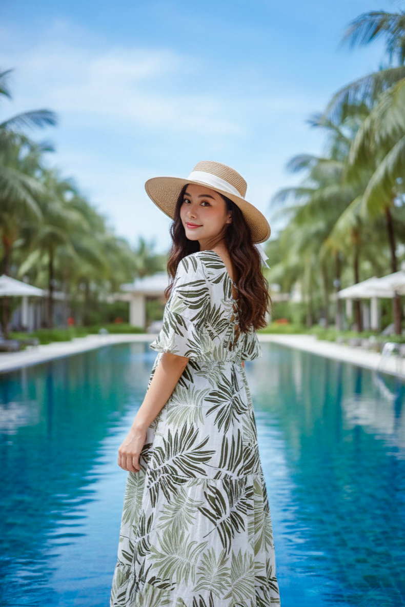 Đầm maxi linen lá cọ thời trang Hity