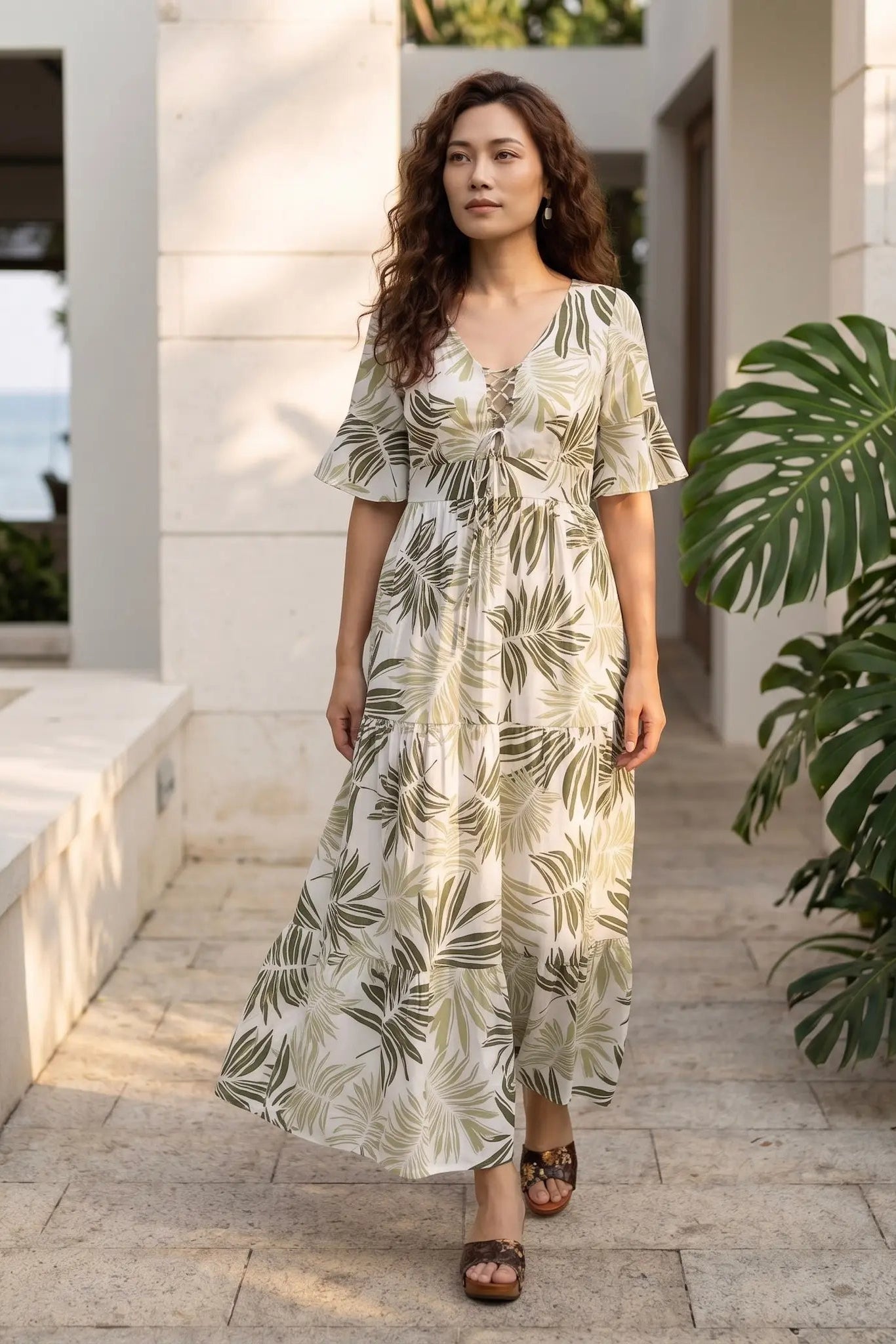 Đầm maxi hở lưng linen xanh lá cọ thời trang Hity