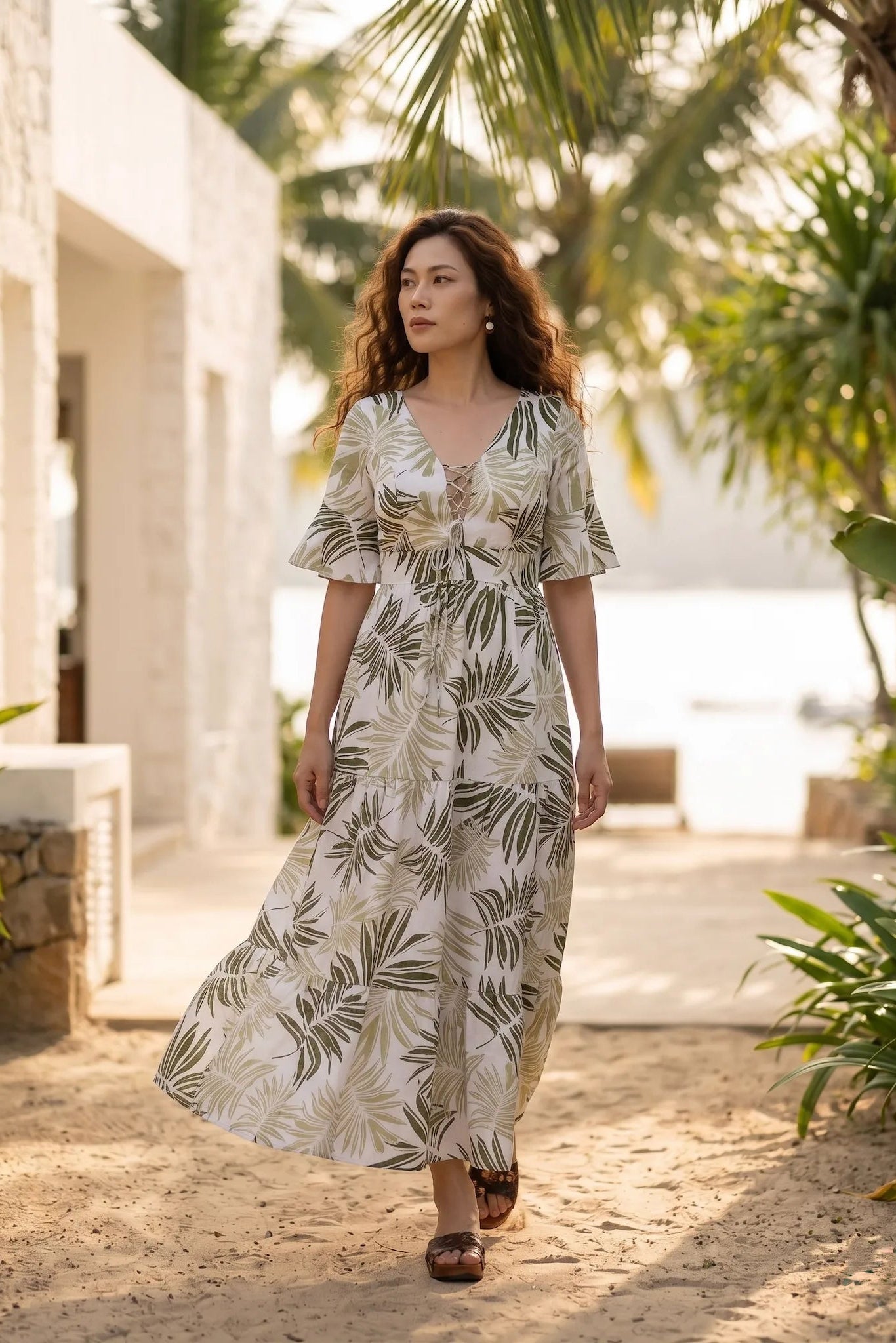 Đầm maxi hở lưng linen xanh lá cọ thời trang Hity