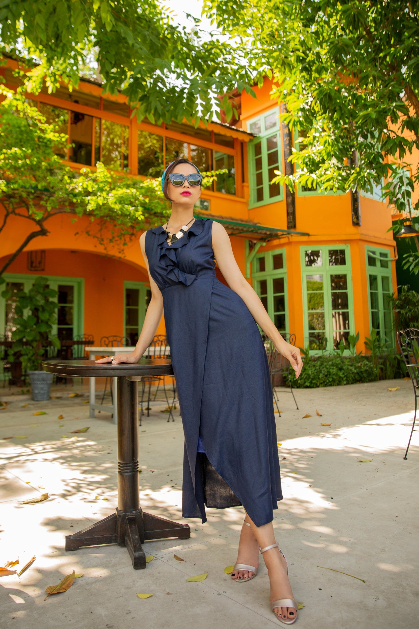 Đầm maxi đắp vạt xanh hải quân thời trang Hity