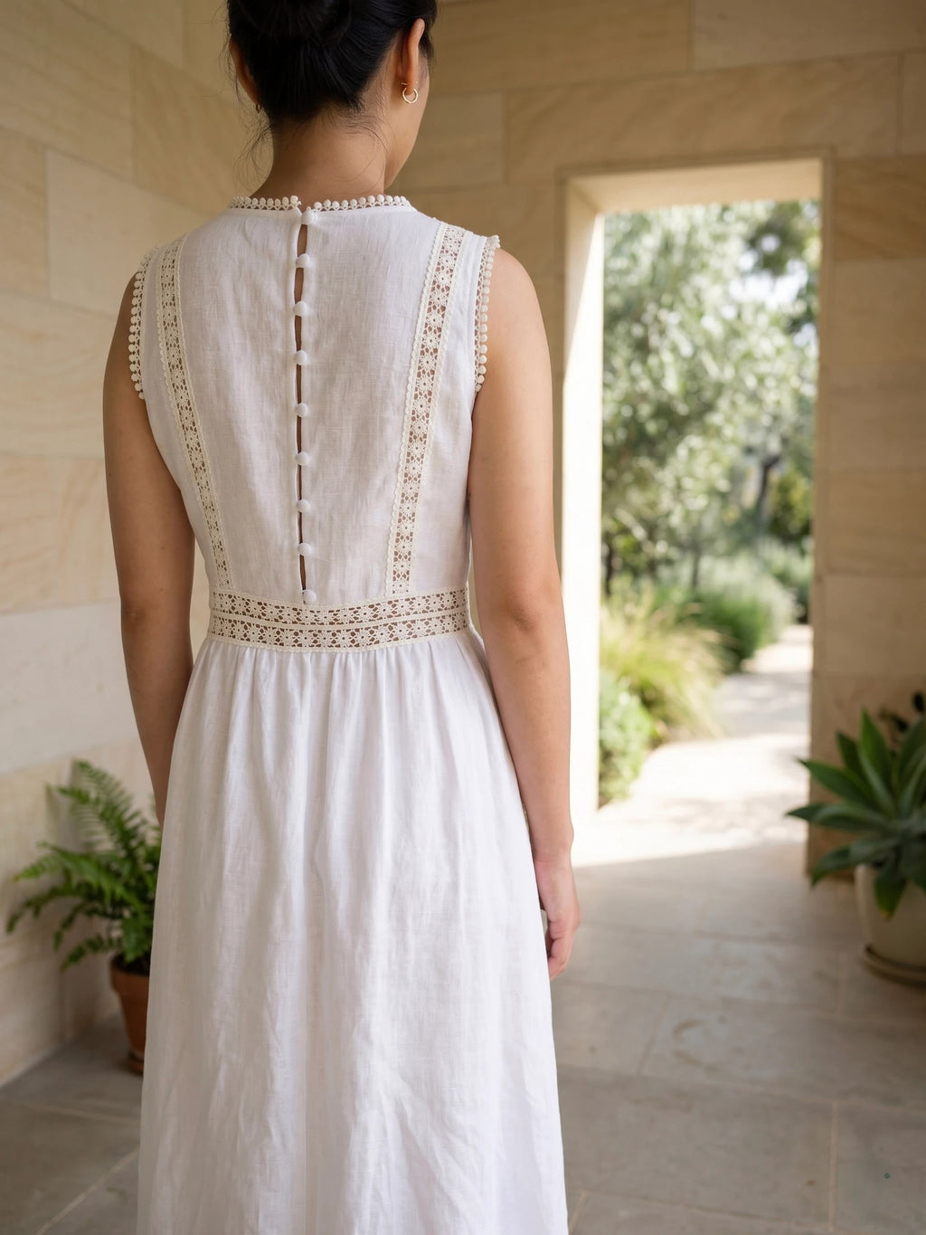 Đầm maxi linen lanh trắng phối ren thời trang Hity