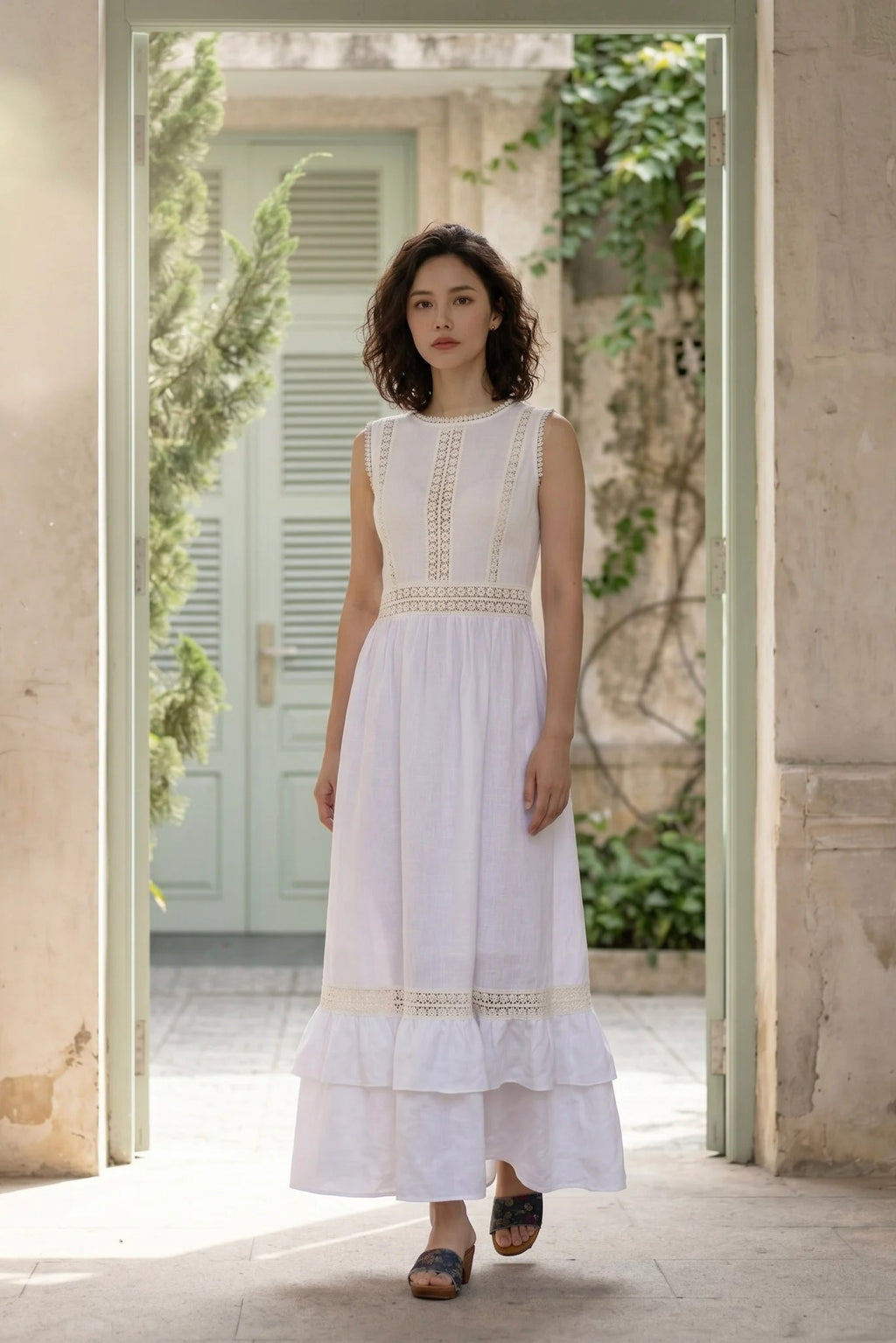 Đầm maxi linen lanh trắng phối ren thời trang Hity