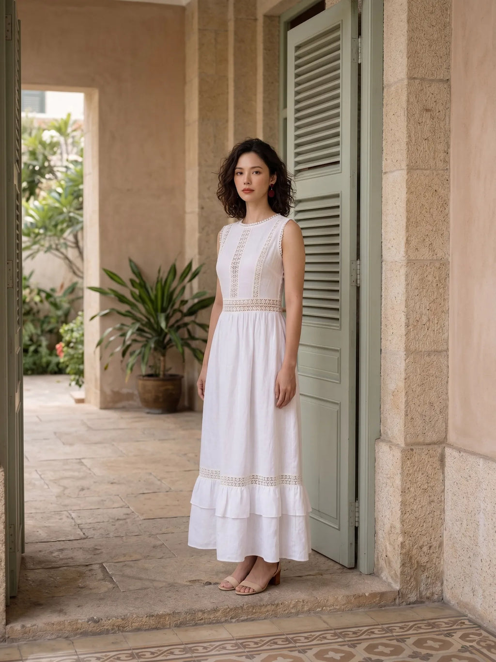 Đầm maxi linen lanh trắng phối ren thời trang Hity
