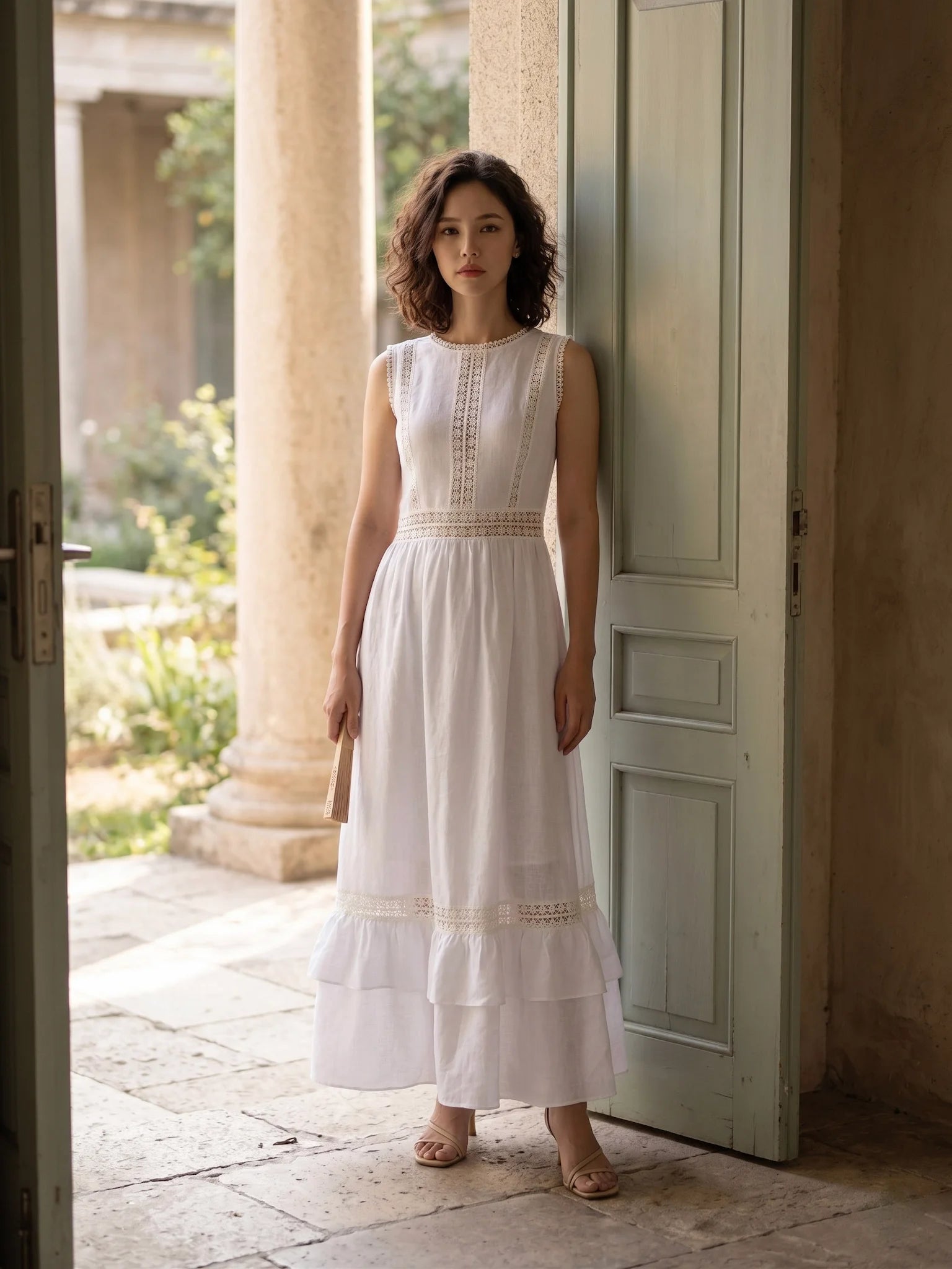 Đầm maxi linen lanh trắng phối ren thời trang Hity