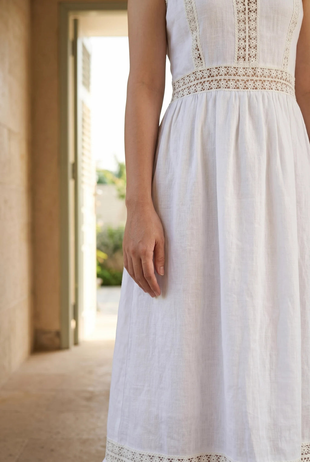 Đầm maxi linen lanh trắng phối ren thời trang Hity