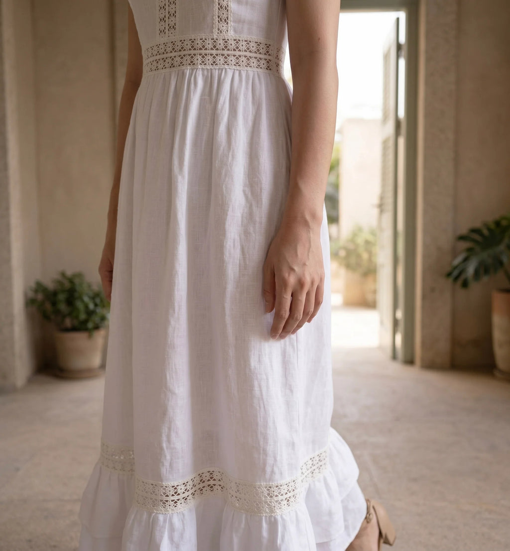 Đầm maxi linen lanh trắng phối ren thời trang Hity