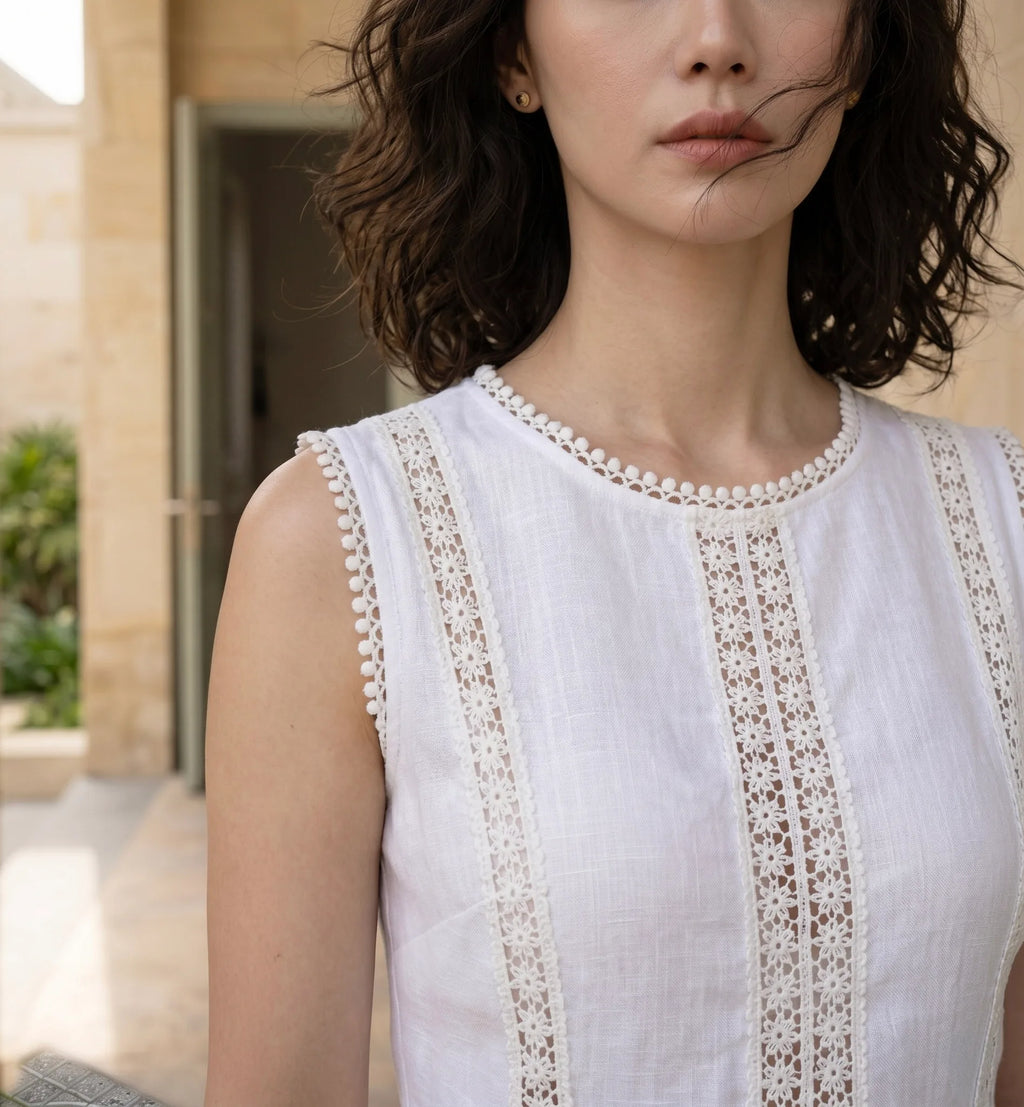 Đầm maxi linen lanh trắng phối ren thời trang Hity