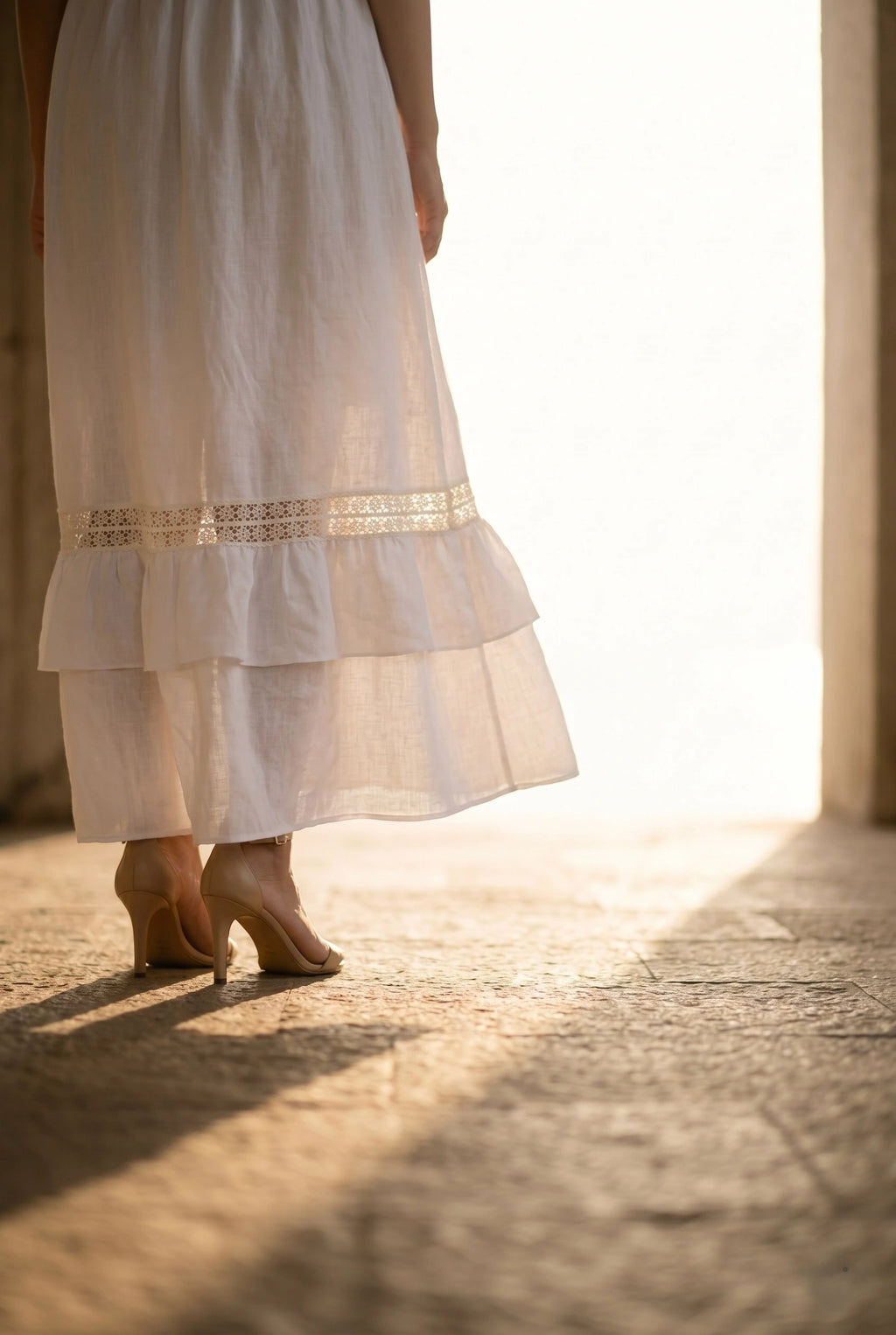 Đầm maxi linen lanh trắng phối ren thời trang Hity