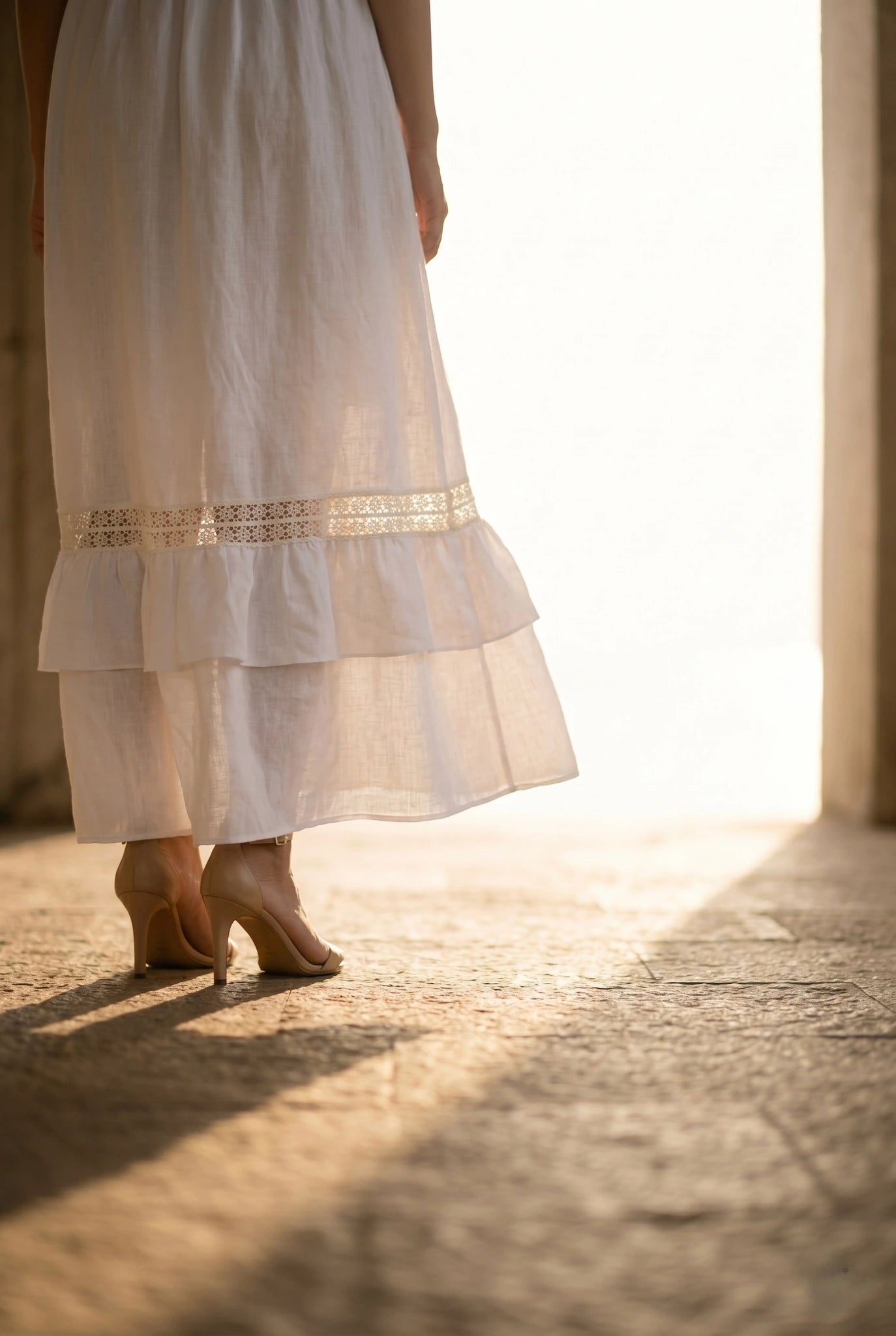 Đầm maxi linen lanh trắng phối ren thời trang Hity