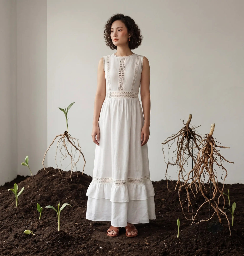 Đầm maxi linen lanh trắng phối ren thời trang Hity
