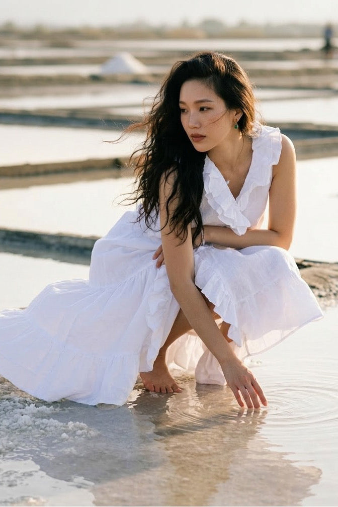 Đầm maxi linen trắng tua rua thời trang Hity