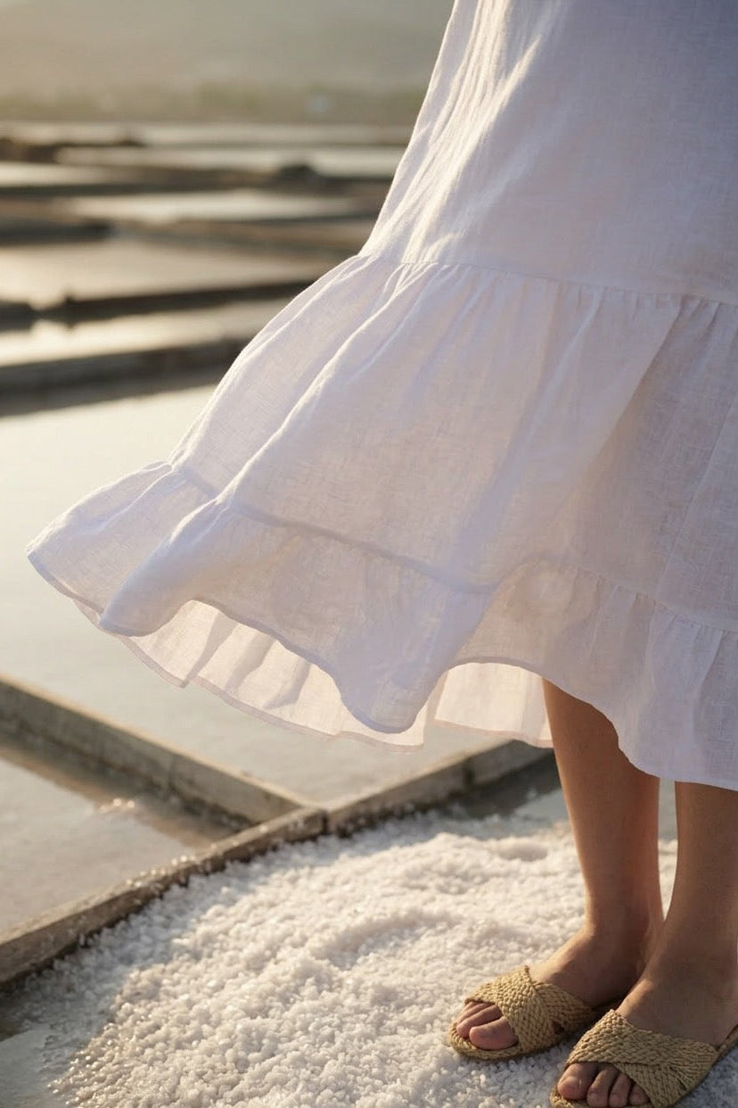 Đầm maxi linen trắng tua rua thời trang Hity