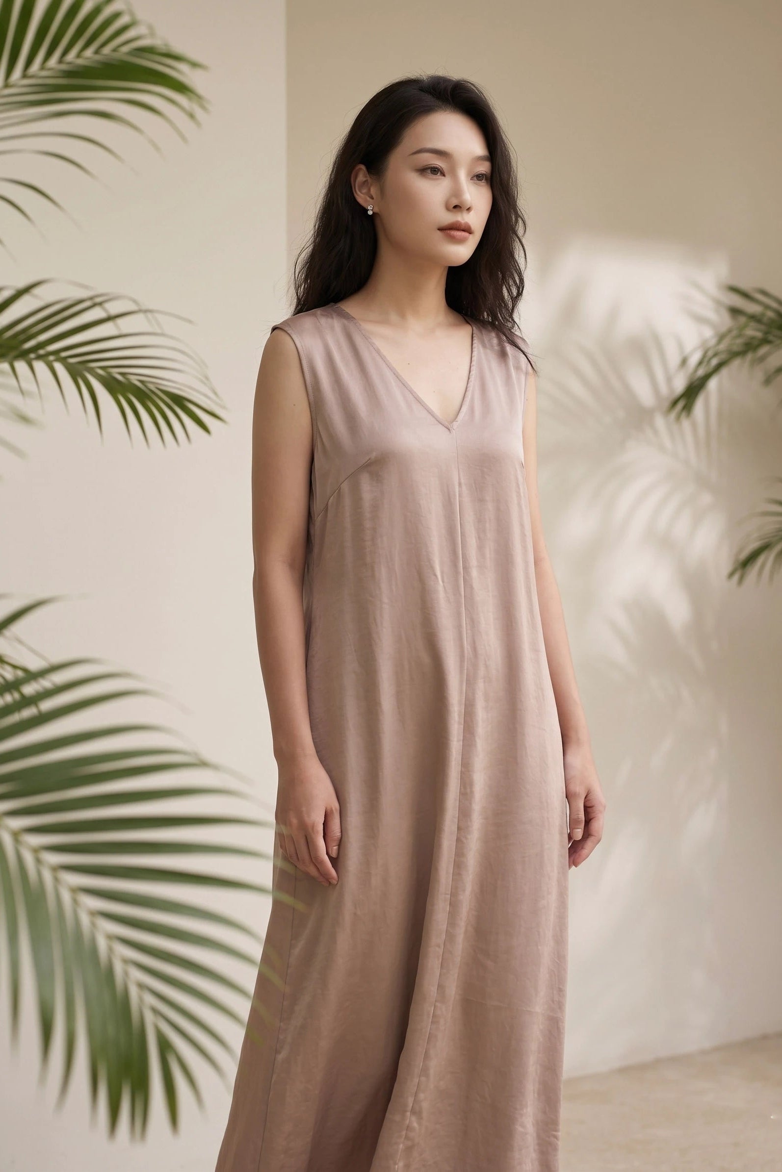Đầm maxi dáng suông không tay màu be thời trang Hity