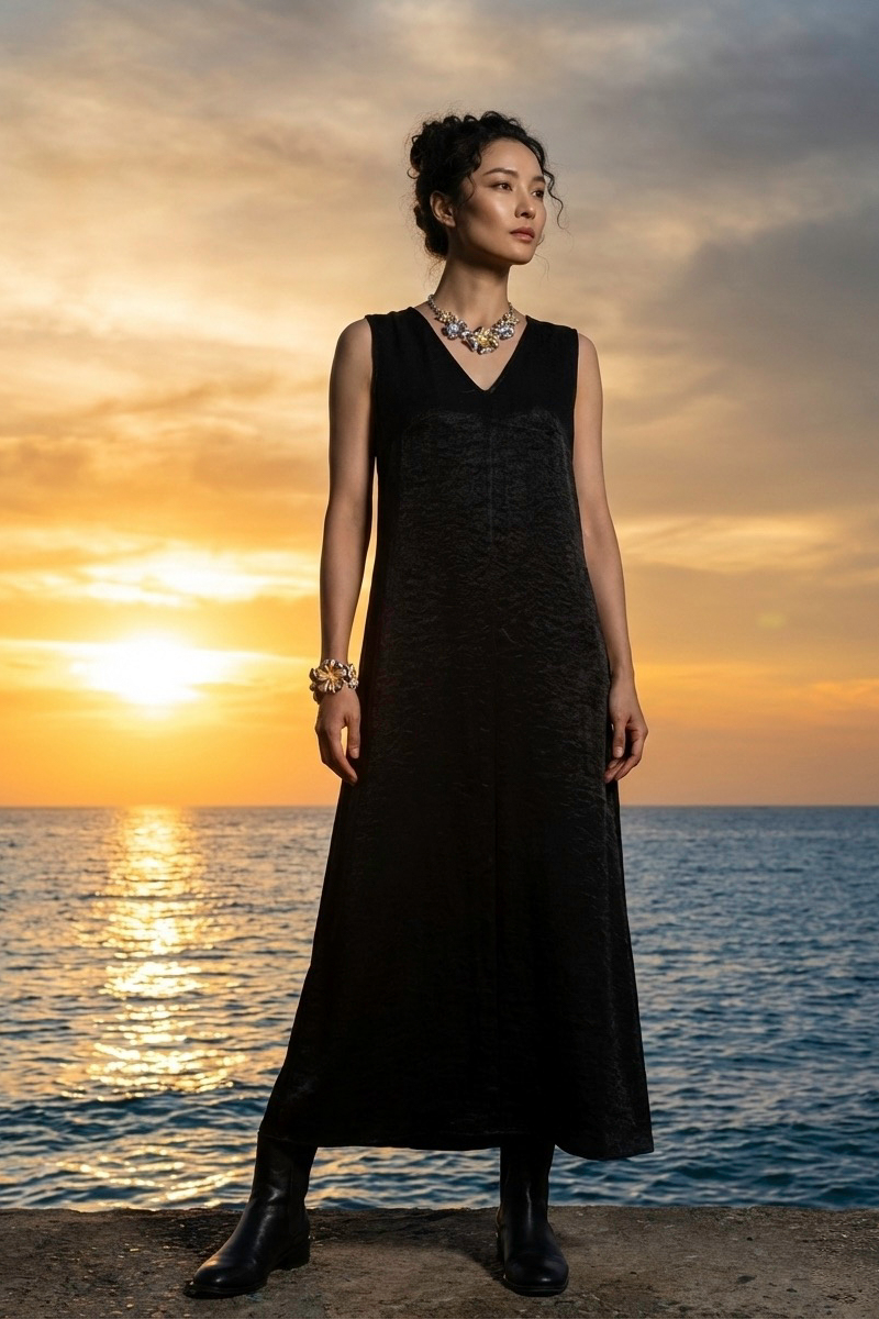 Đầm maxi suông lụa đen thời trang Hity