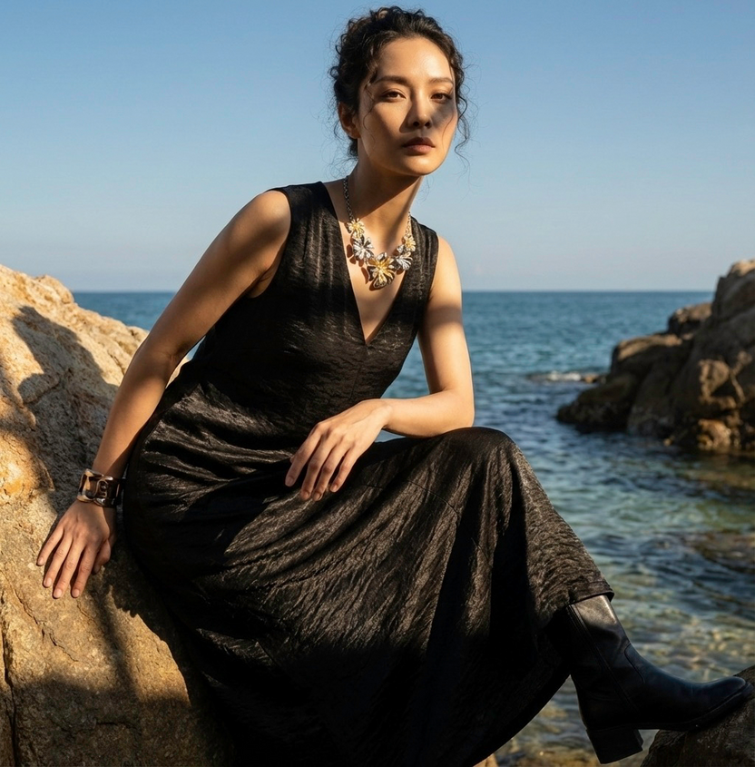 Đầm maxi suông lụa đen thời trang Hity