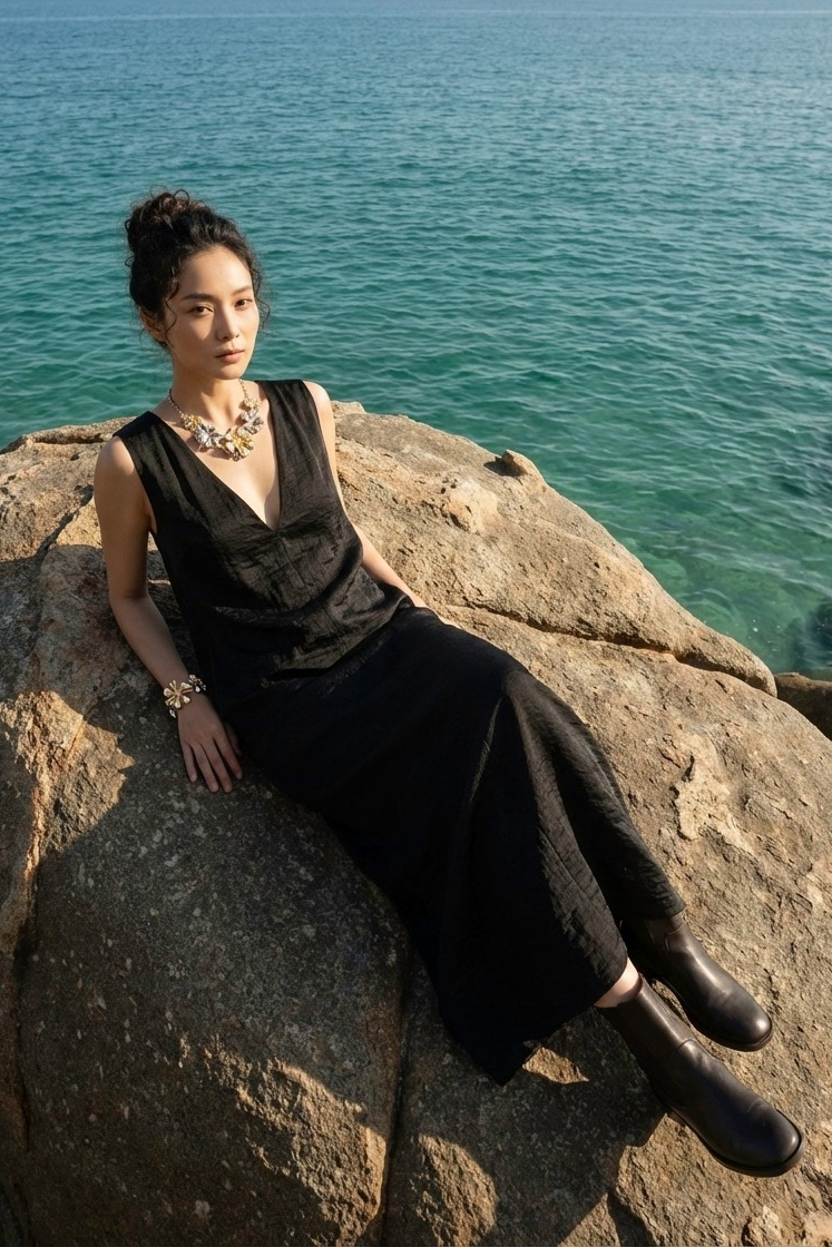 Đầm maxi suông lụa đen thời trang Hity