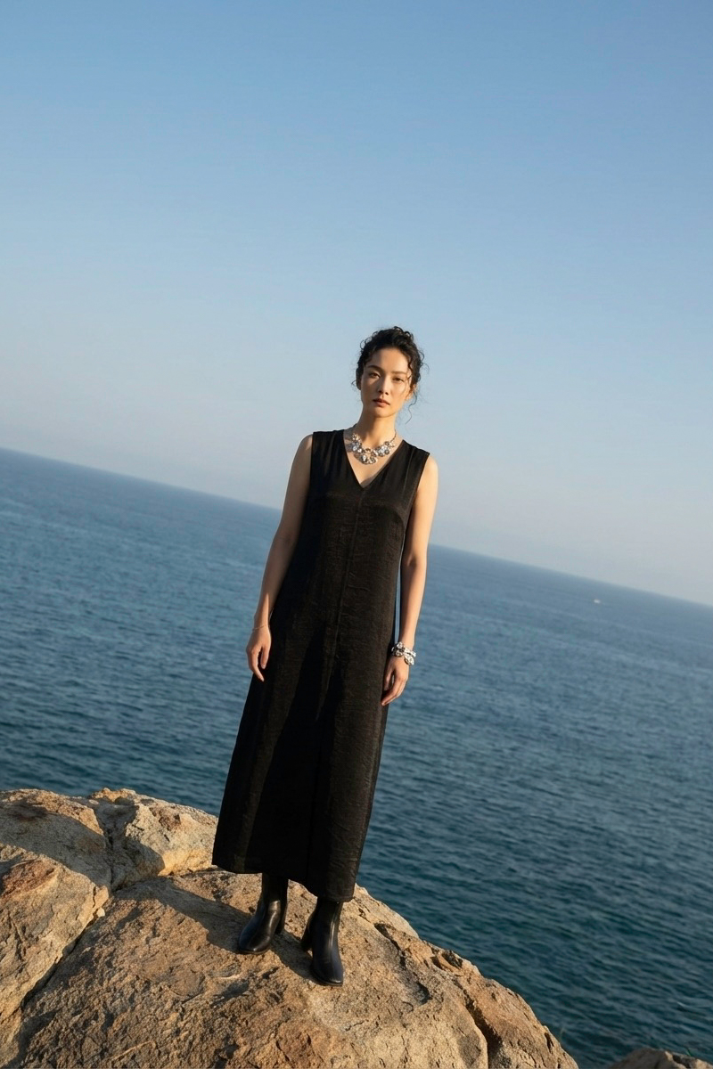 Đầm maxi suông lụa đen thời trang Hity