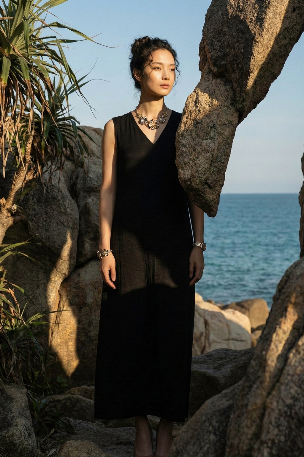 Đầm maxi suông lụa đen thời trang Hity