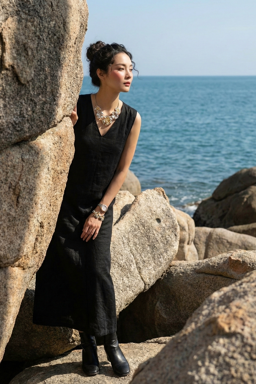 Đầm maxi suông lụa đen thời trang Hity