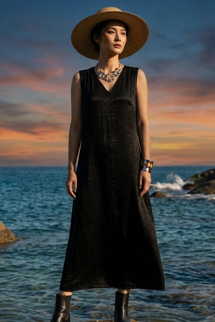 Đầm maxi suông lụa đen thời trang Hity