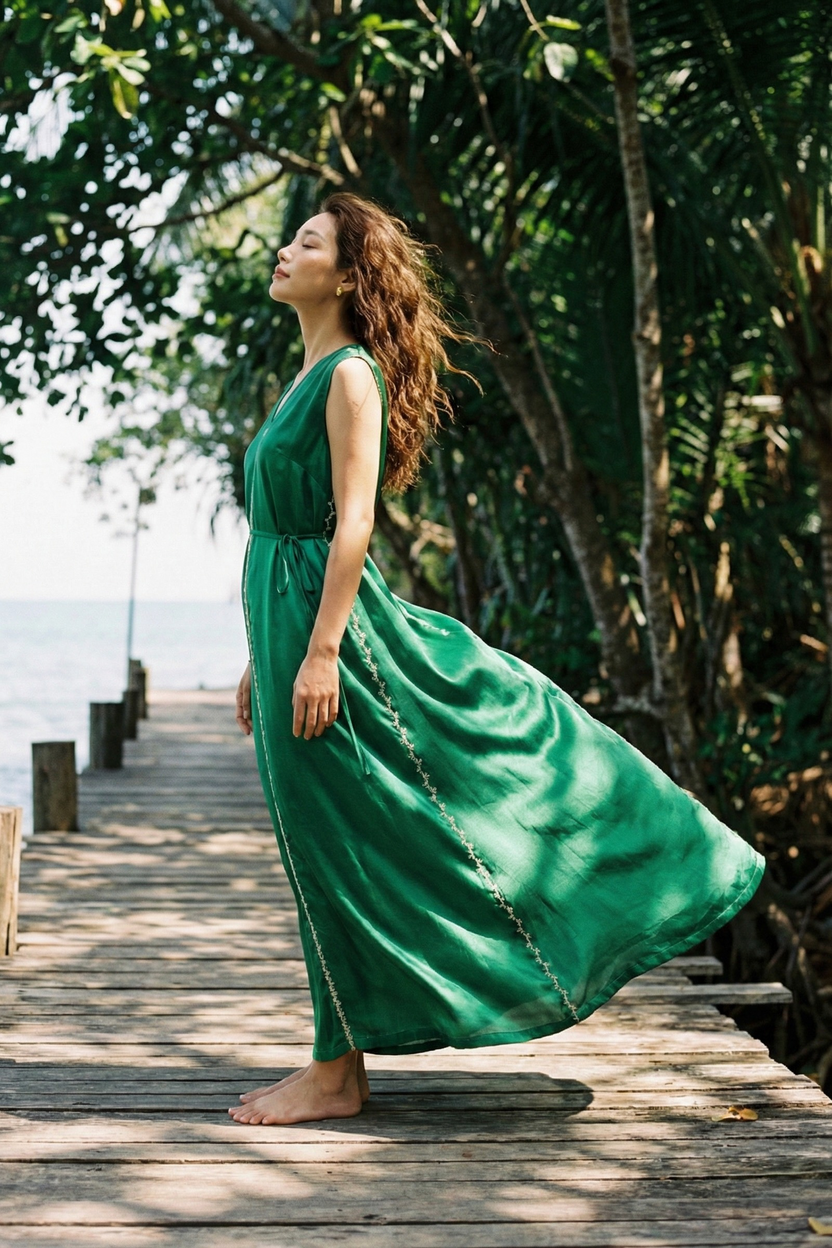 Đầm maxi lụa tơ tằm thêu tay thời trang Hity