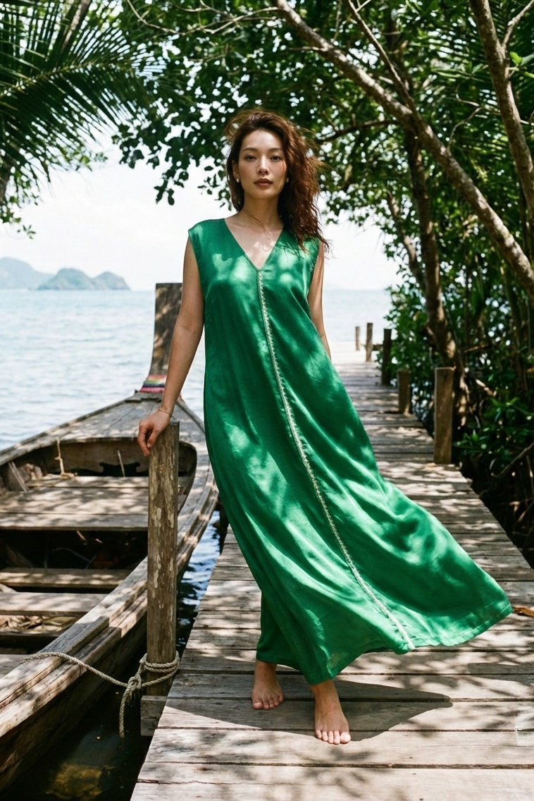 Đầm maxi lụa tơ tằm thêu tay thời trang Hity