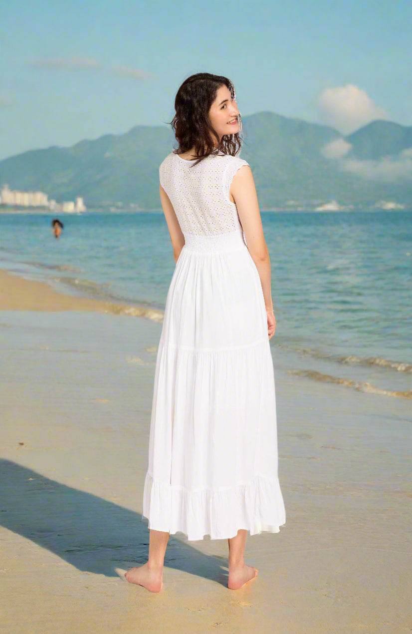 Đầm maxi trắng cotton thoáng mát đi biển thời trang Hity