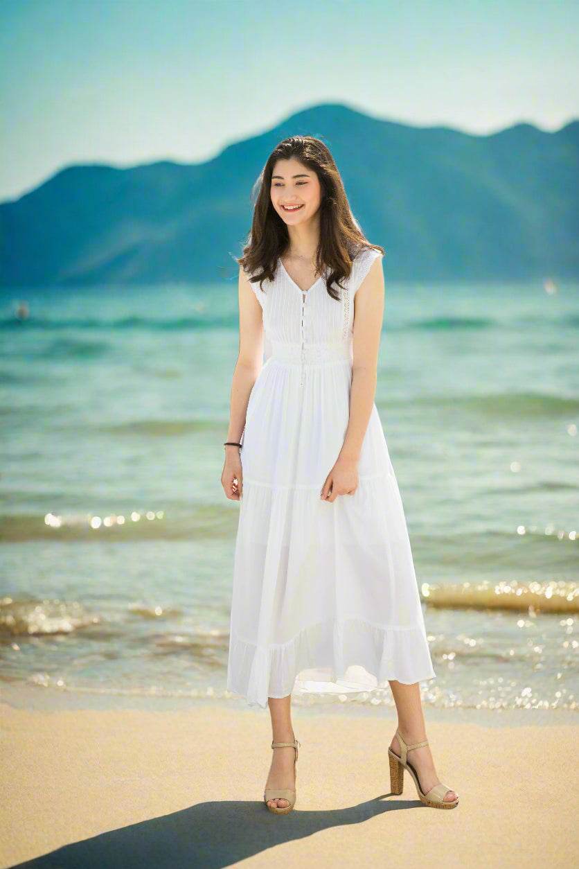 Đầm maxi trắng cotton thoáng mát đi biển thời trang Hity