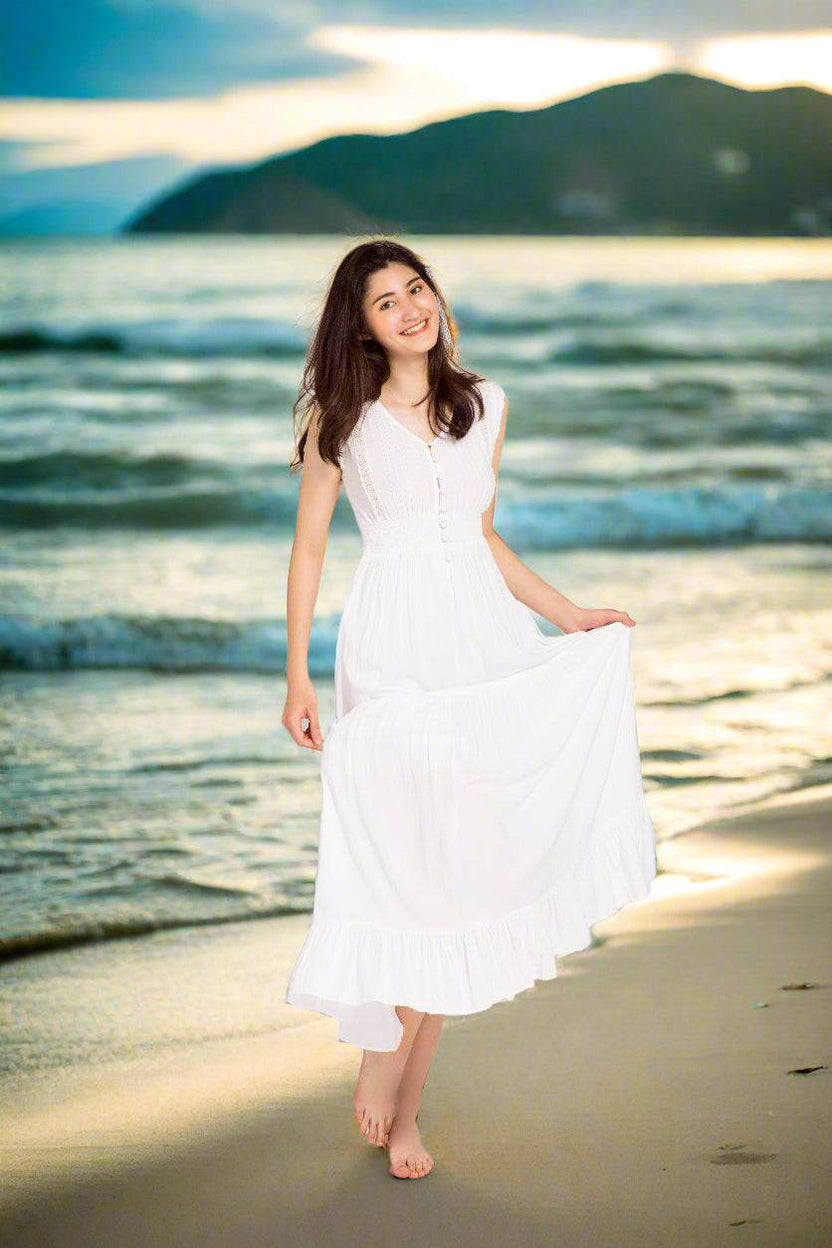 Đầm maxi trắng cotton thoáng mát đi biển thời trang Hity