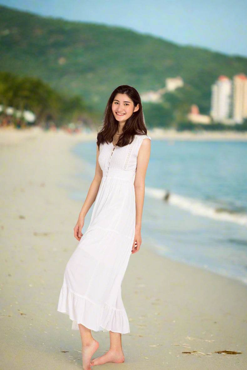 Đầm maxi trắng cotton thoáng mát đi biển thời trang Hity