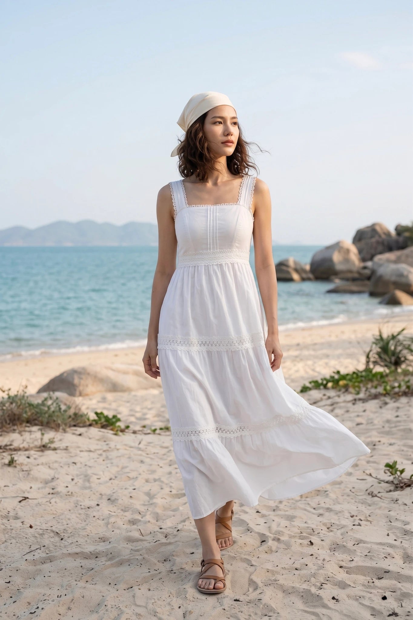 Đầm maxi hai dây cotton trắng thời trang Hity