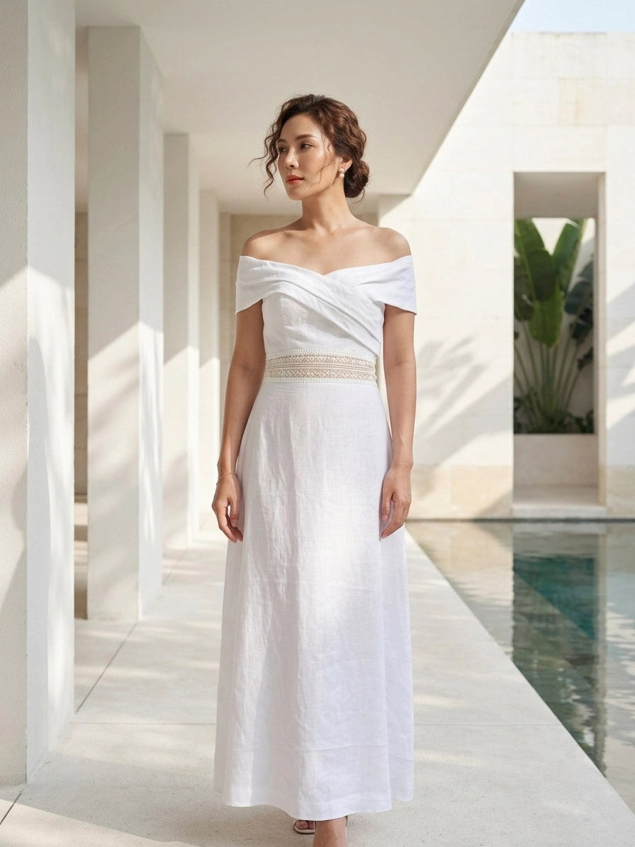 Đầm maxi trễ vai linen trắng thời trang Hity
