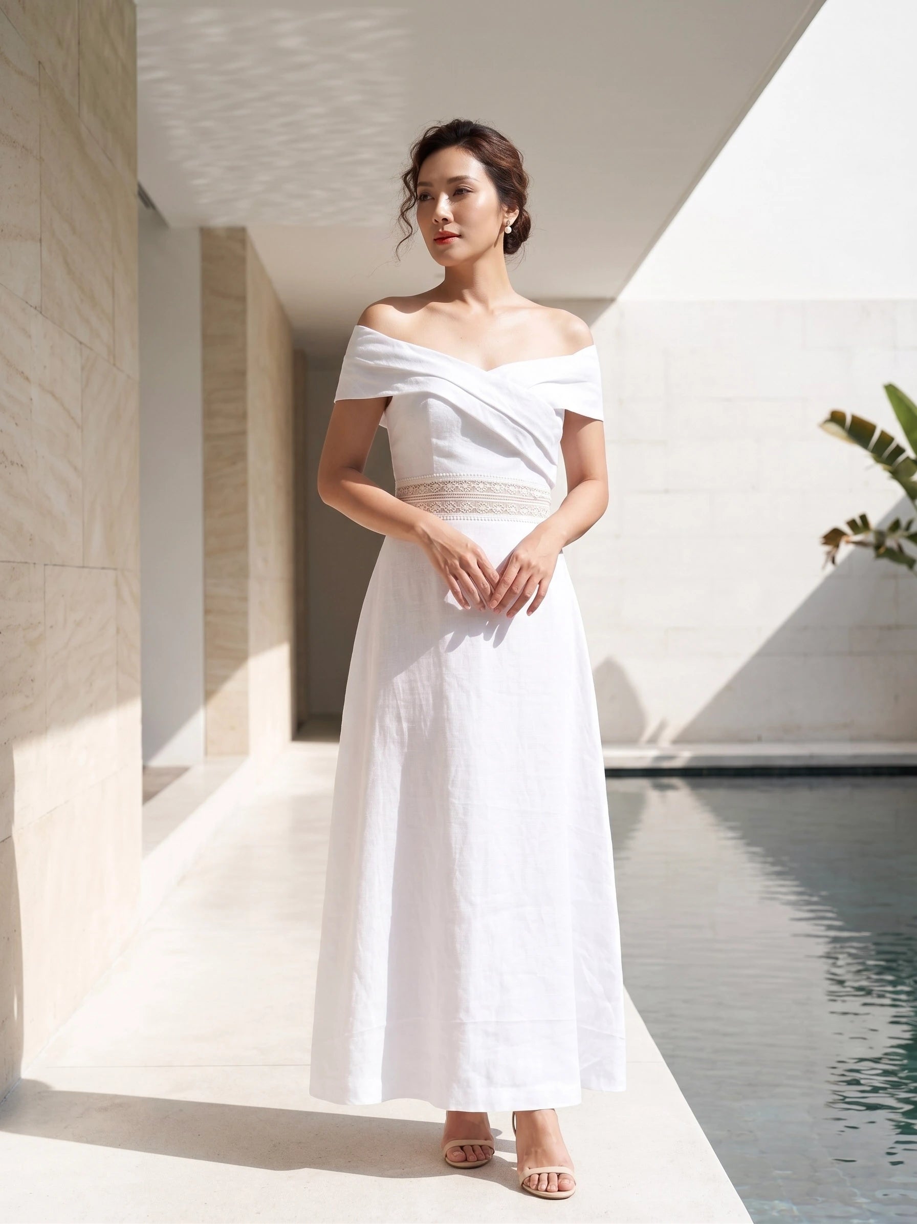 Đầm maxi trễ vai linen trắng thời trang Hity