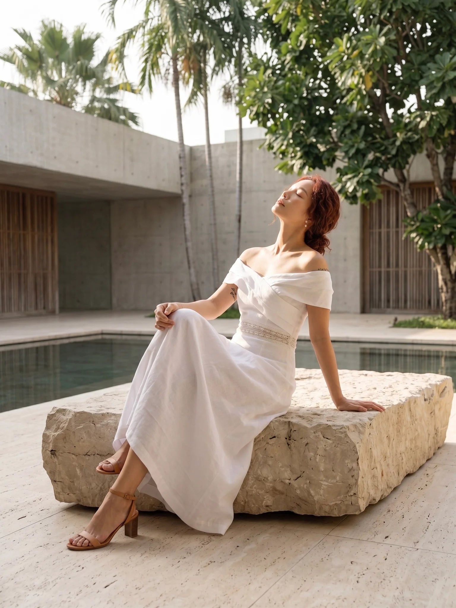 Đầm maxi trễ vai linen trắng thời trang Hity