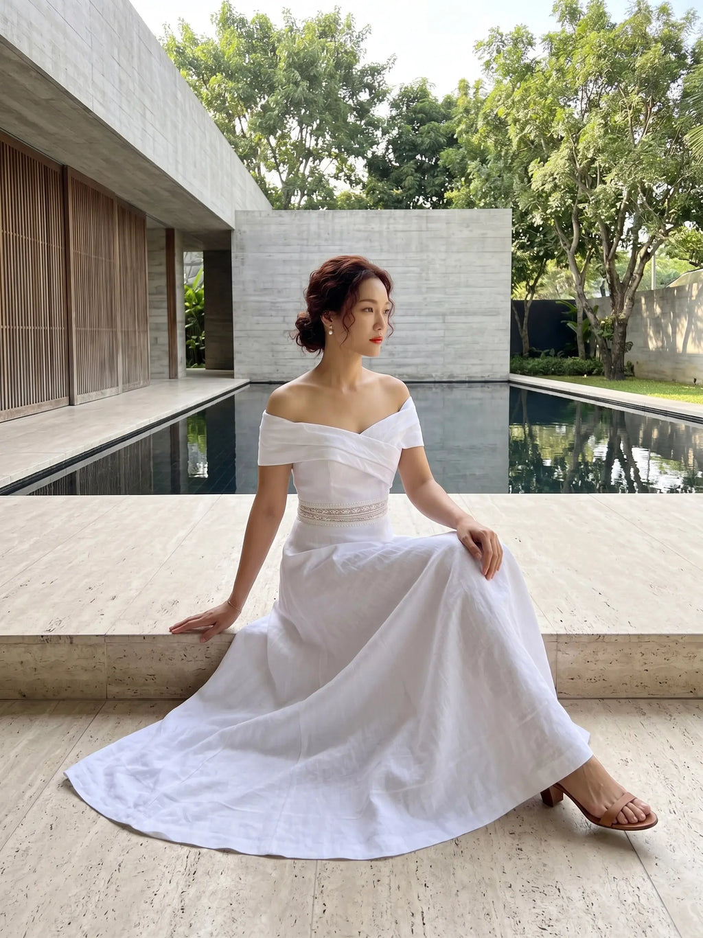Đầm maxi trễ vai linen trắng thời trang Hity