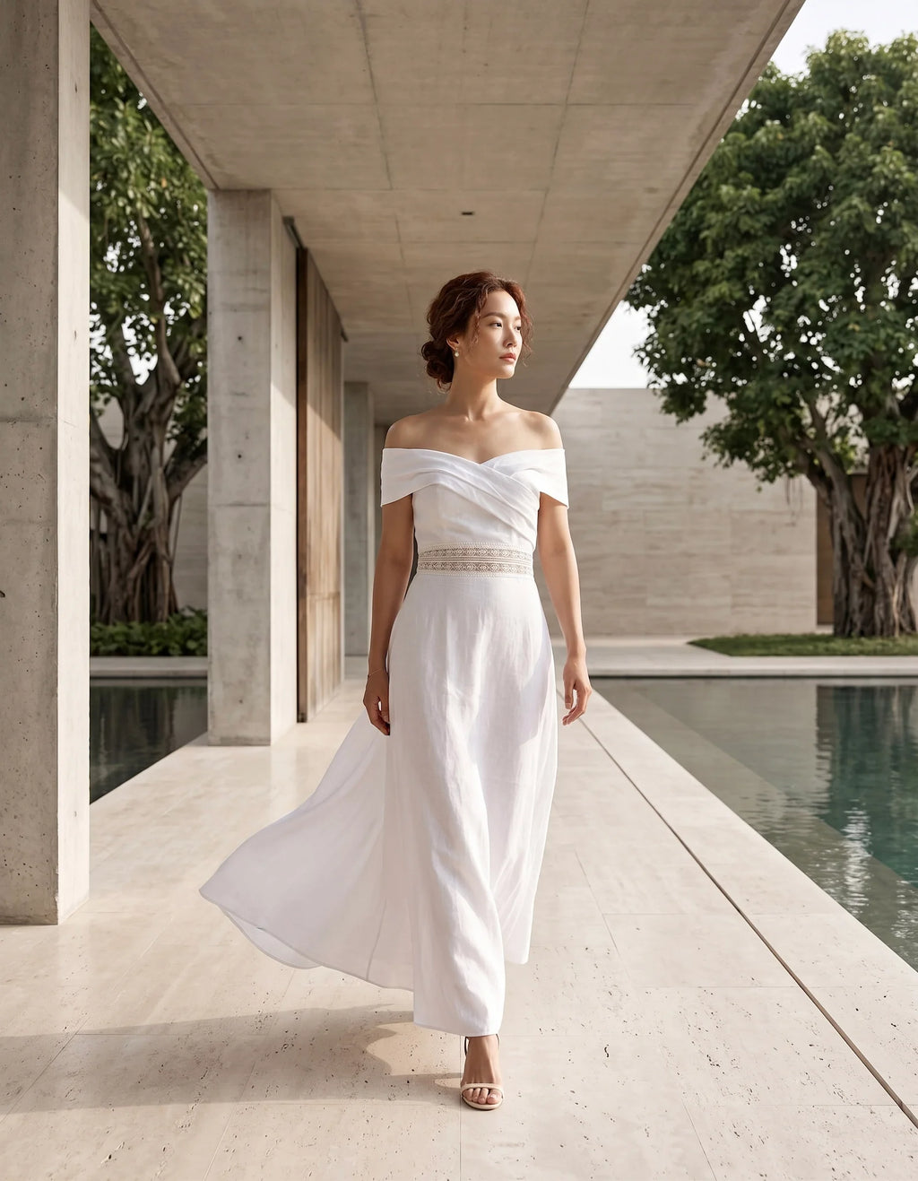 Đầm maxi trễ vai linen trắng thời trang Hity
