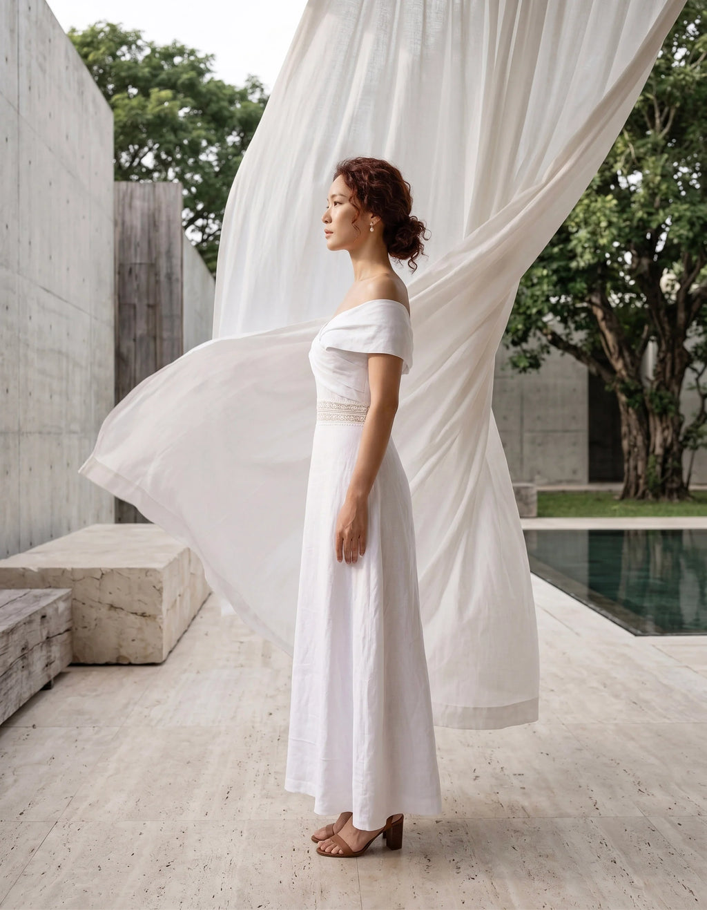 Đầm maxi trễ vai linen trắng thời trang Hity
