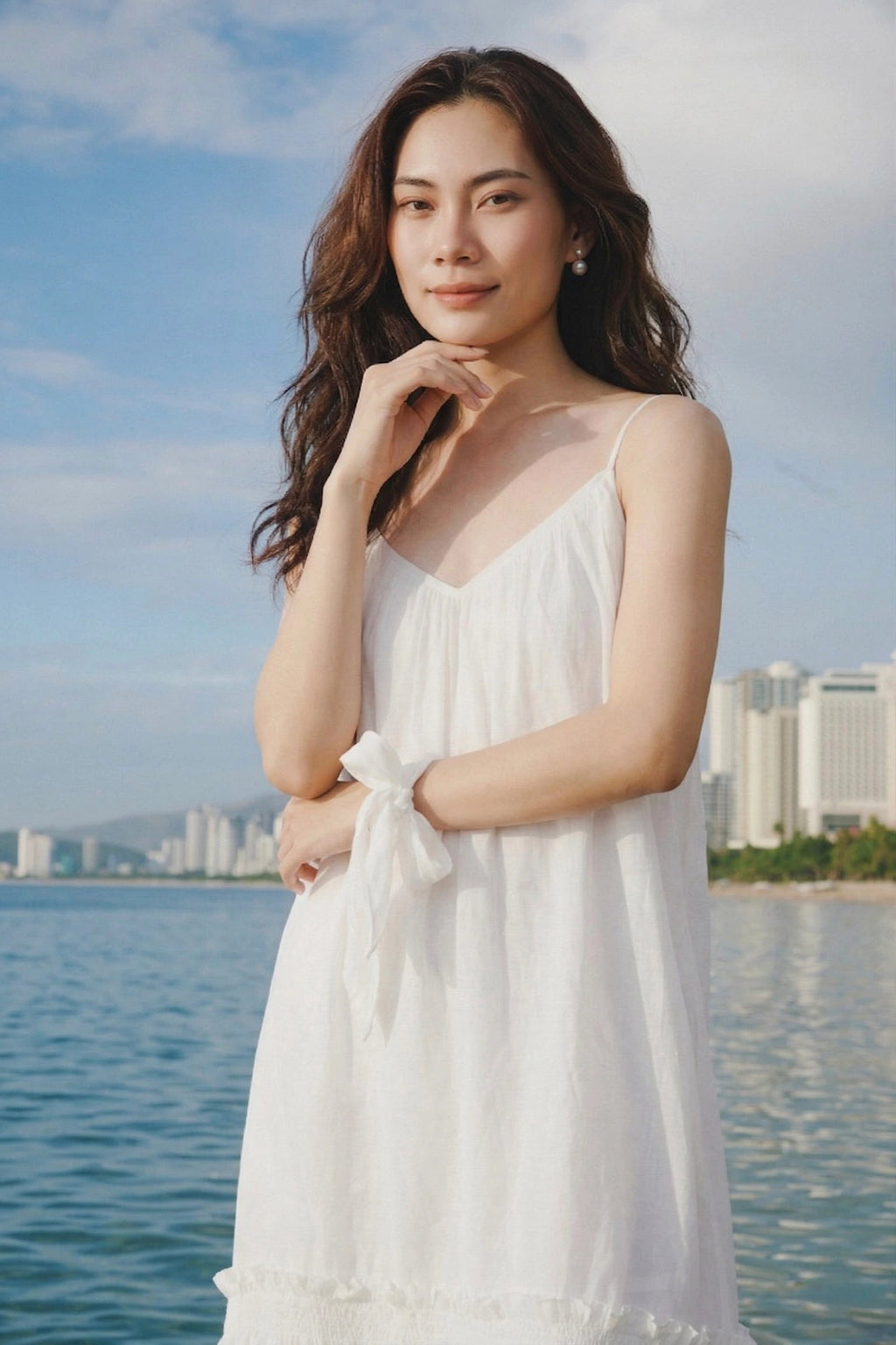 Đầm midi hai dây cotton trắng thời trang Hity