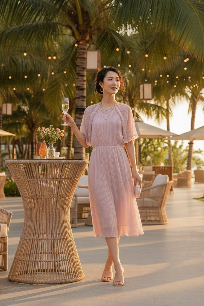 Đầm midi dập ly hồng pastel thời trang Hity