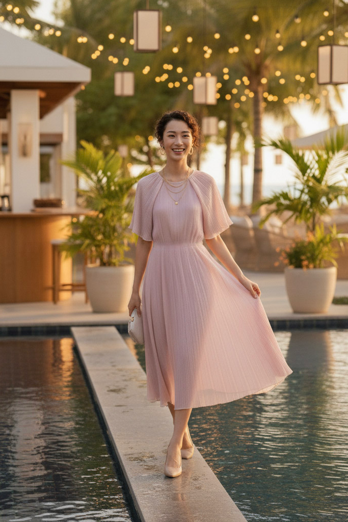 Đầm midi dập ly hồng pastel thời trang Hity