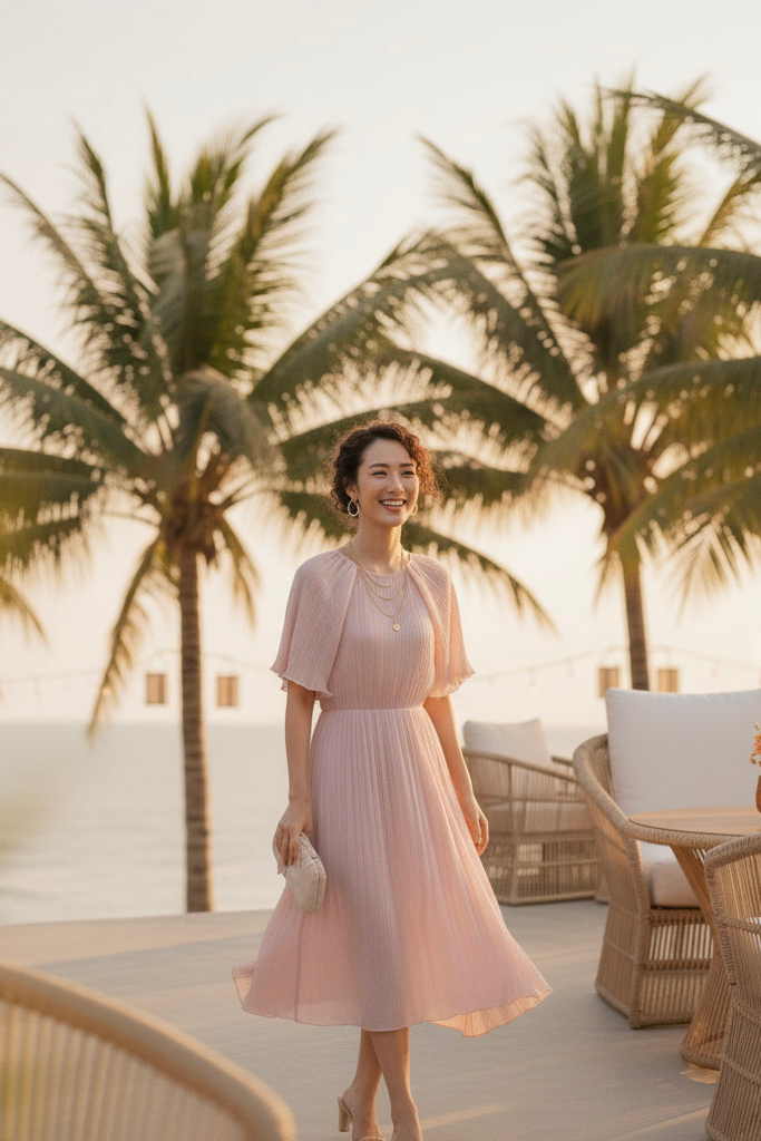 Đầm midi dập ly hồng pastel thời trang Hity