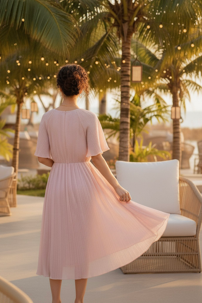 Đầm midi dập ly hồng pastel thời trang Hity