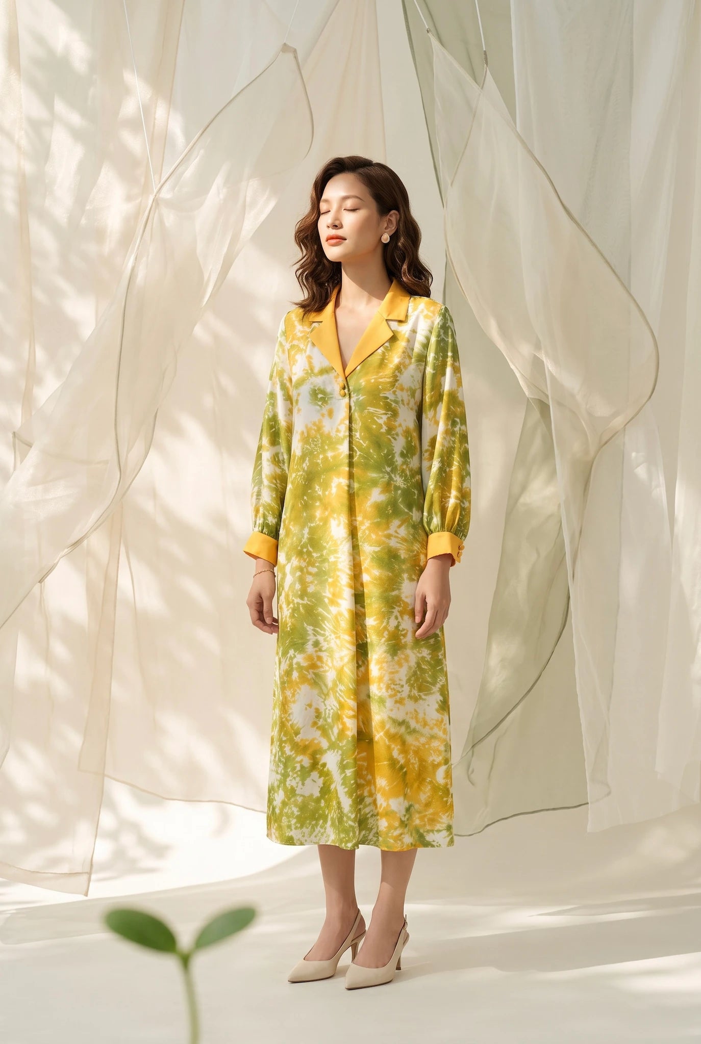 Đầm midi lụa tơ tằm nhuộm loang tie-dye thời trang Hity