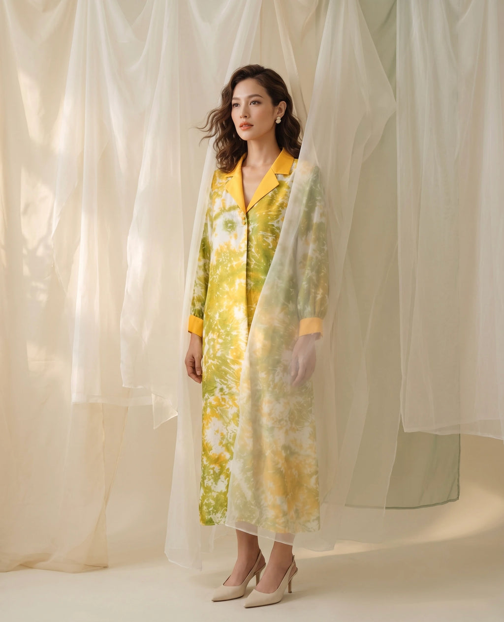 Đầm midi lụa tơ tằm nhuộm loang tie-dye thời trang Hity