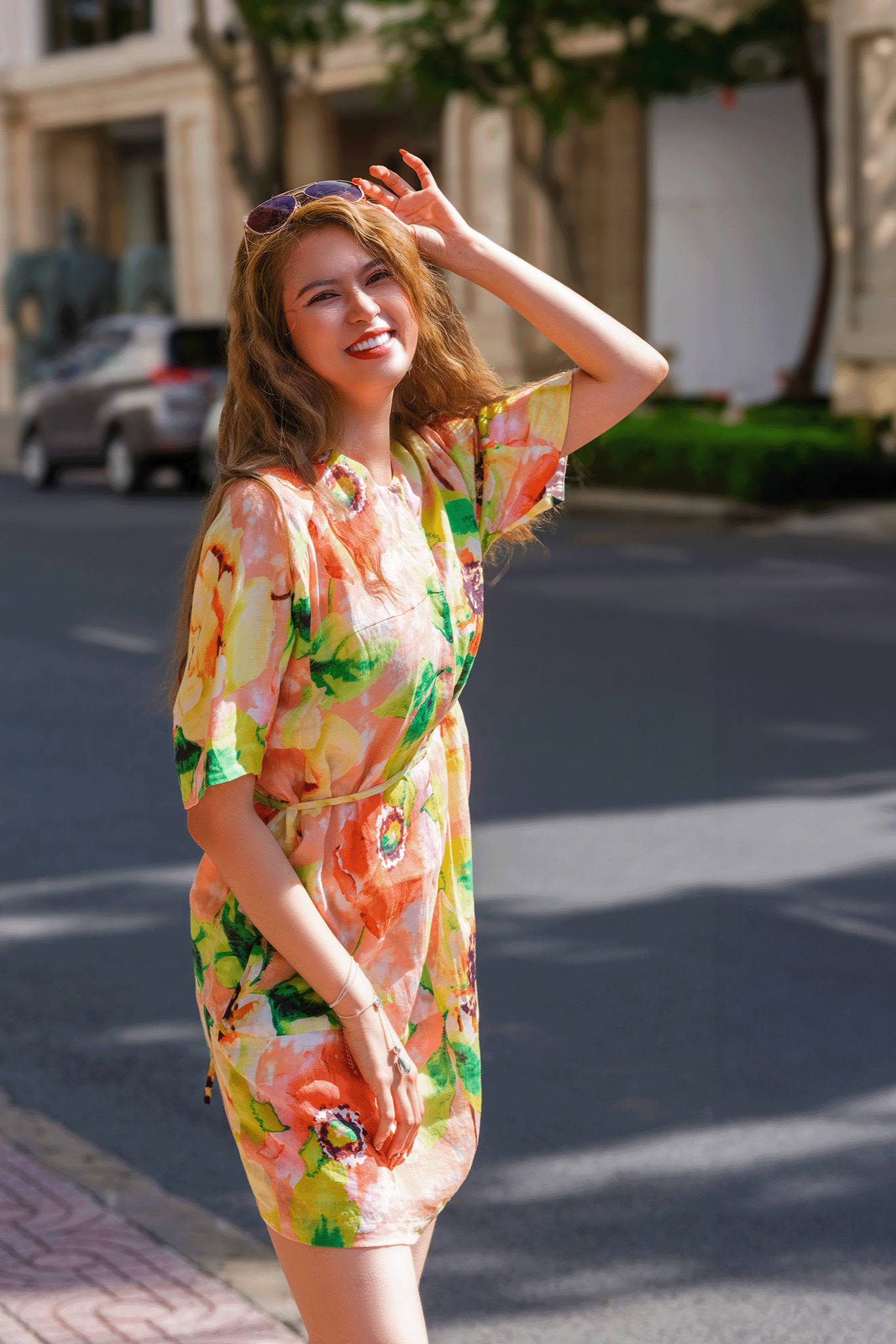 Đầm mini ngắn trên gối linen hoa dâm bụt thời trang Hity