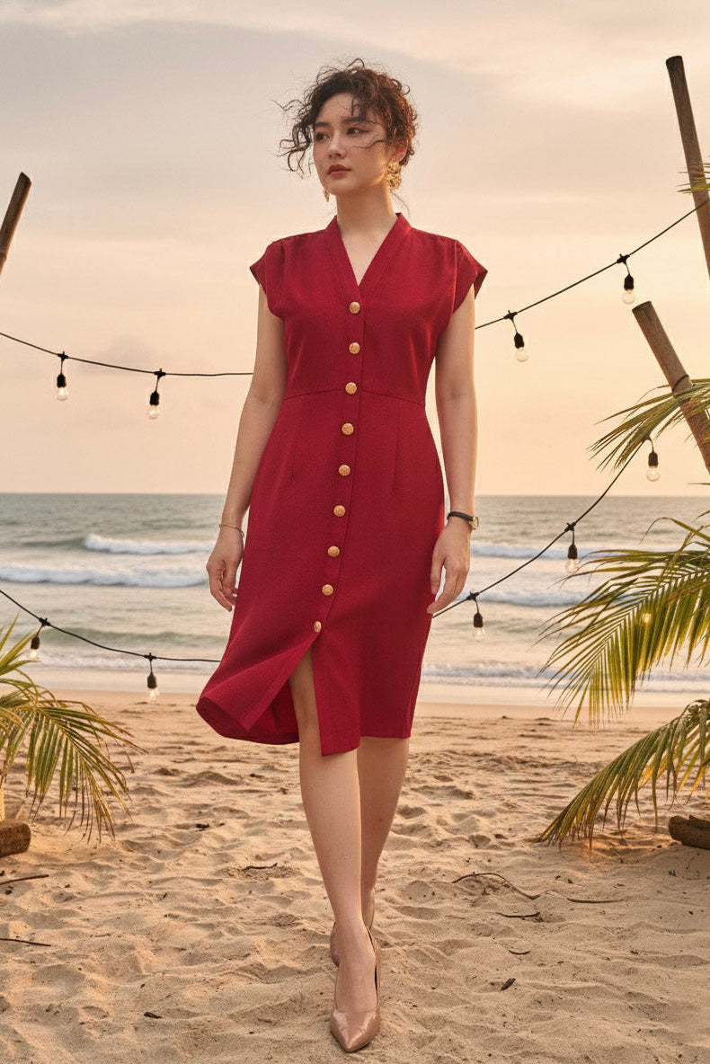 Đầm ôm body tweed đỏ thời trang Hity