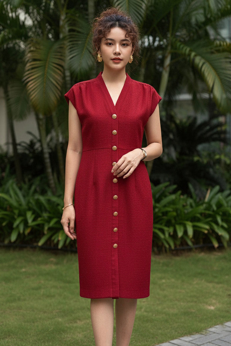 Đầm ôm body tweed đỏ thời trang Hity