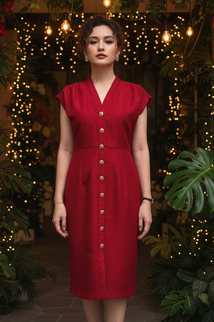 Đầm ôm body tweed đỏ thời trang Hity