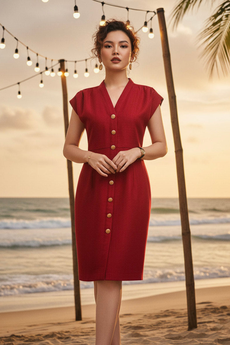 Đầm ôm body tweed đỏ thời trang Hity